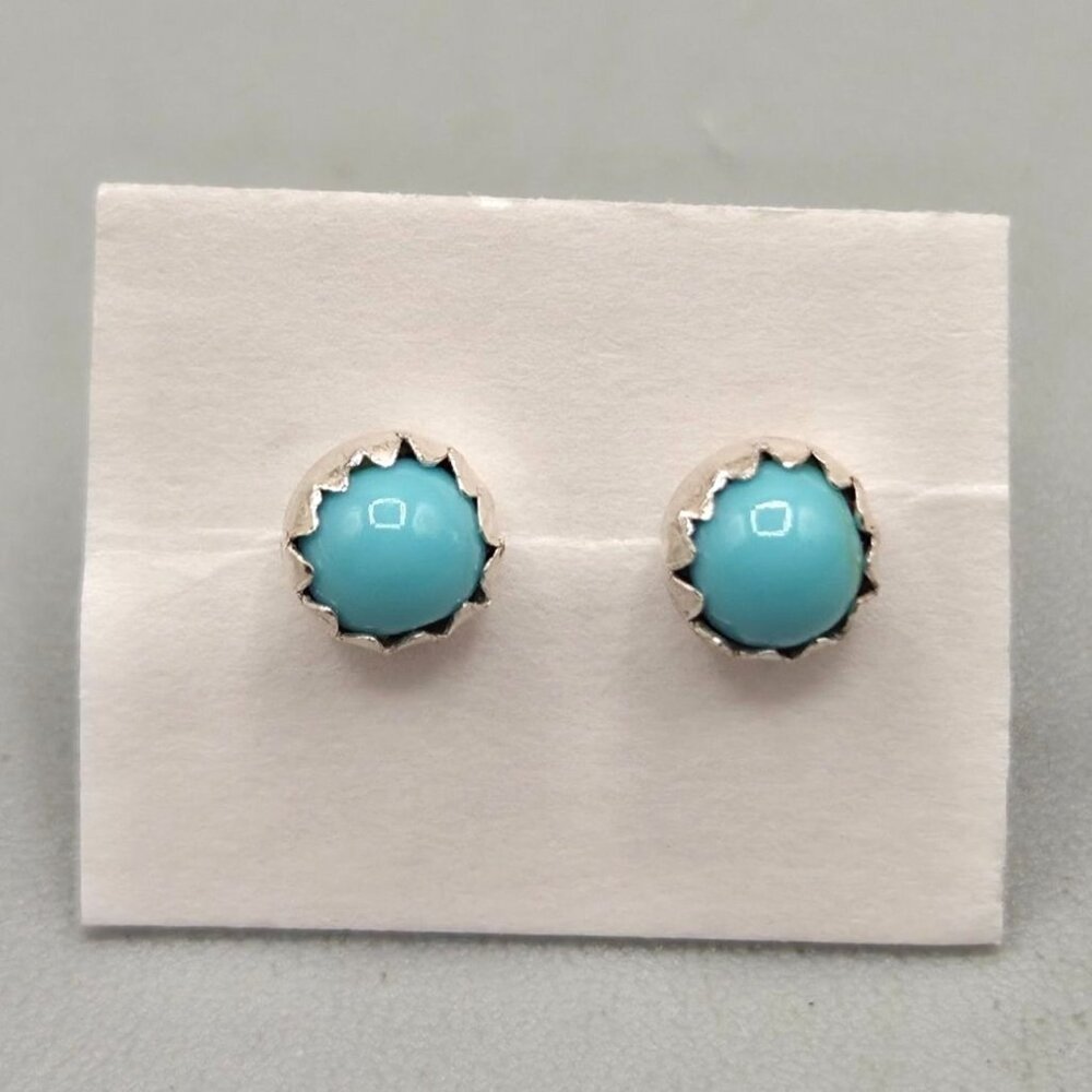 Turquoise Round Stud Earrings Sterling Silver Setting Small Tiny Southwestern